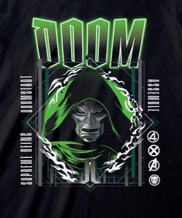 A black short-sleeve graphic t-shirt featuring a stylized green and white design with the word 'DOOM' in neon green letters above a hooded figure. Close u of tee