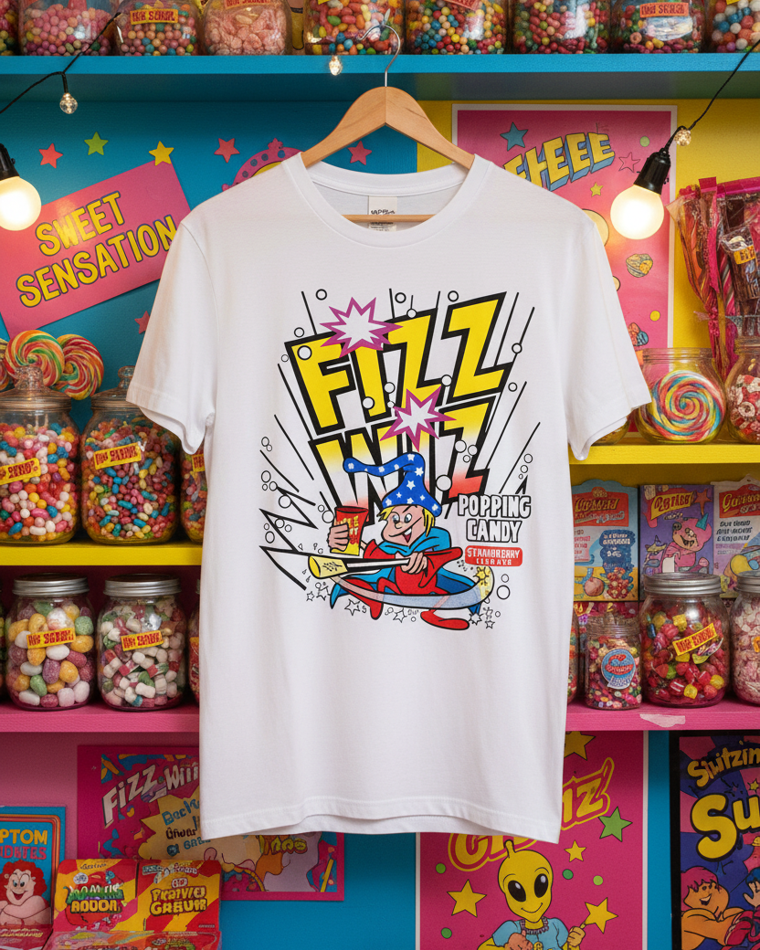 Fizz Wiz White Printed T-shirt Front in a retro 80s sweet shop