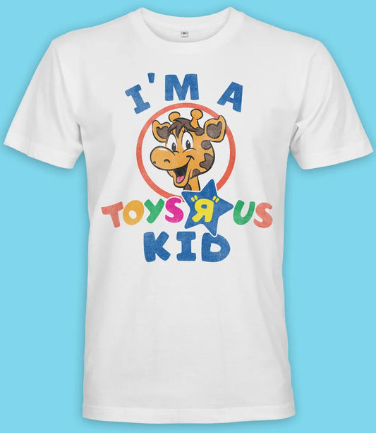 Men's regular fit short sleeve white t shirt featuring Toys R Us Logo and Giraffe with I'm a toys r us kid text