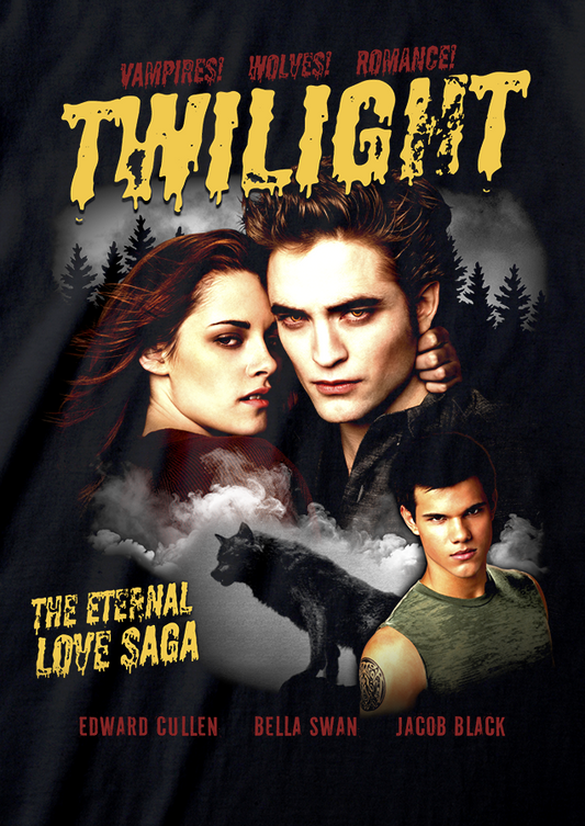 Black t-shirt with 'Twilight' movie graphic featuring characters and title.