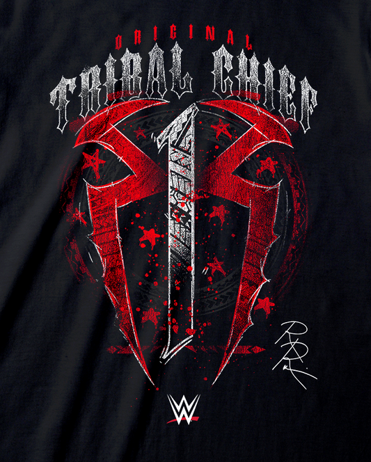 Black t-shirt with red and white graphic design on a white background