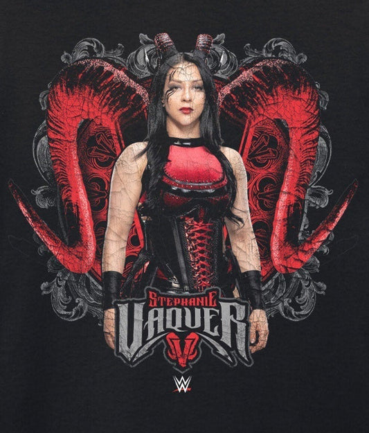 A black short-sleeve crewneck t-shirt featuring a large graphic print of WWE wrestler and the WWE logo at the bottom.