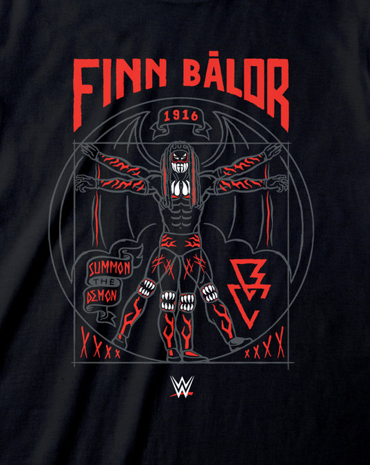 Black t-shirt with red and white graphic design featuring 'Finn Balor' on a white background