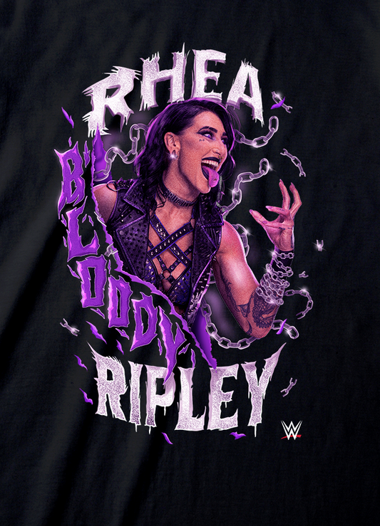Black t-shirt with a graphic of Rhea Ripley and text on a white background