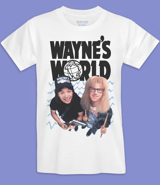 Retro Tees mens unisex white short sleeve cotton t shirt featuring 90s Waynes World movie poster design