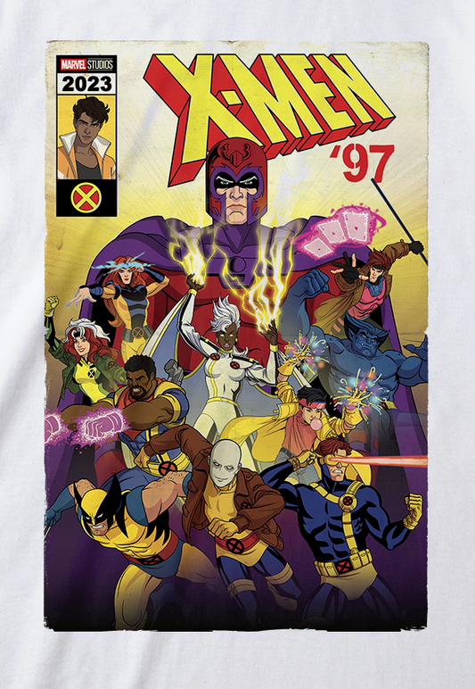 White t-shirt with X-Men comic book cover graphic on a white background