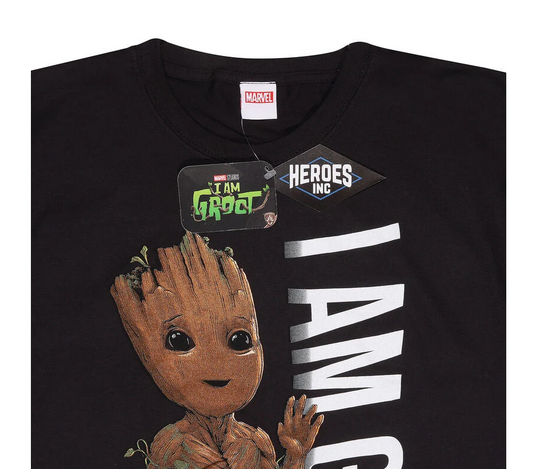 A black Marvel Heroes Inc. t-shirt featuring a graphic of Baby Groot with large white 'I AM GROOT' text on the side.