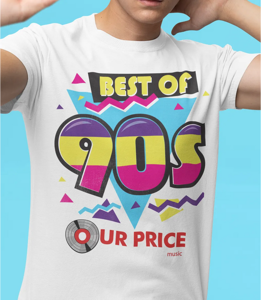 white short sleeve t shirt laying against clear backdrop featuring best of 90s text in multi colour with original red our price music logo below plus retro style 90s shapes behind text design
