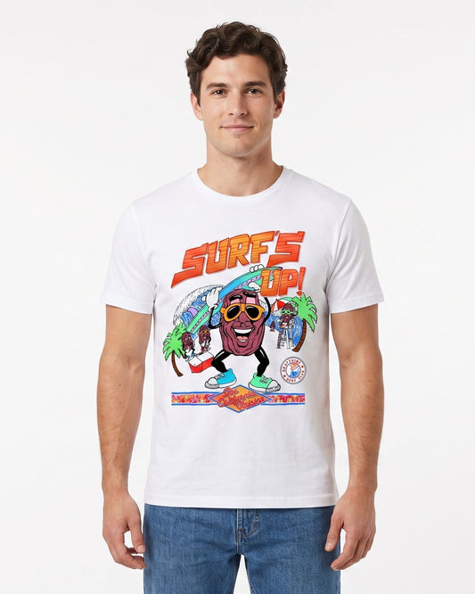 Men’s white California Raisins Surf’s Up retro T-shirt shown worn
