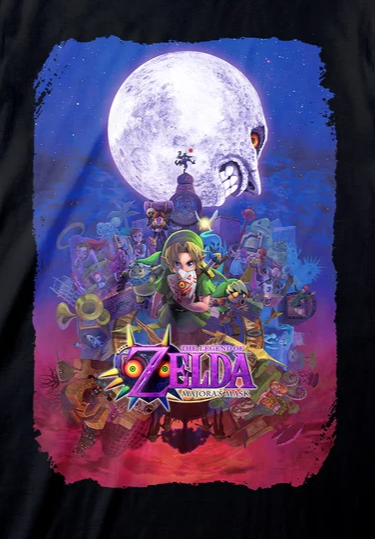 A black short-sleeve crewneck t-shirt featuring a large, colorful graphic print on the front. The graphic depicts a fantasy scene with a large moon, a character resembling Link from The Legend of Zelda, and the text 'The Legend of Zelda' at the bottom.