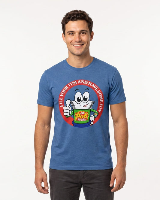 Men’s Faded Denim Fill Your Tum retro noodle pot T-shirt shown worn