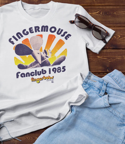 Retro Tees unisex short sleeve white t-shirt features the nostalgic super cute finger mouse image from the 80s fingerbobs TV show. Fingermouse text above and Fanclub 1985 below and the fingerbobs logo