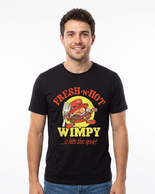 Men’s black Fresh n Hot Wimpy retro T-shirt shown worn