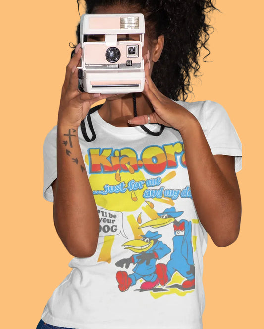 Women’s white Kia-Ora retro drinks advert T-shirt shown worn