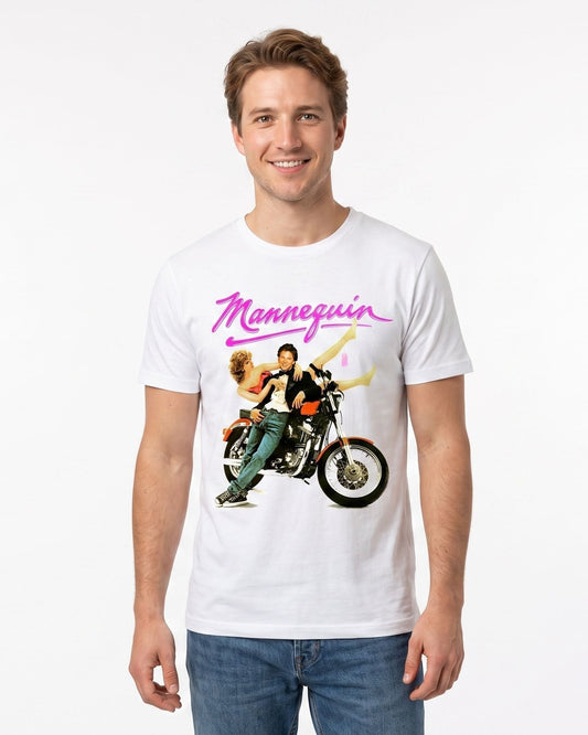 Men’s white Mannequin 80s movie inspired retro T-shirt shown worn