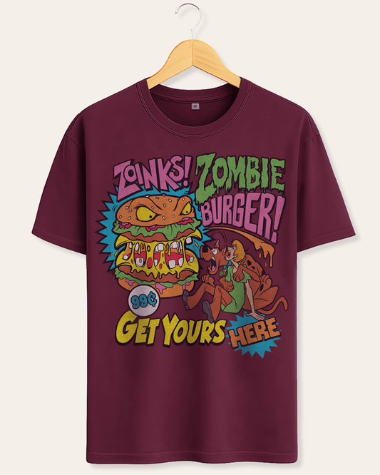 Men’s Burgundy Scooby-Doo Zombie Burger T-shirt with colourful retro cartoon graphic