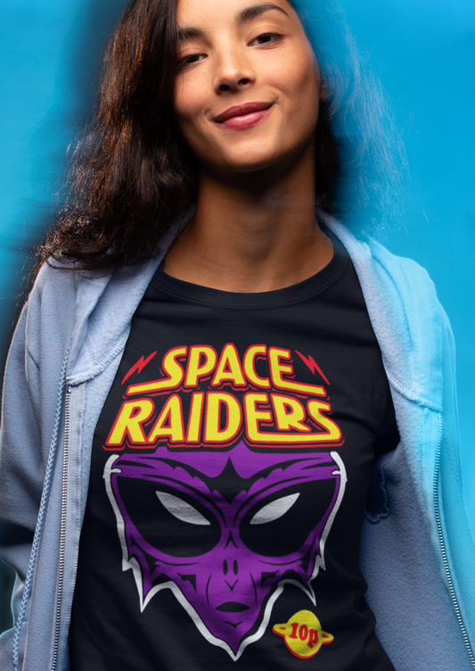 Person wearing a black t-shirt with 'Space Raiders' design against a blue background