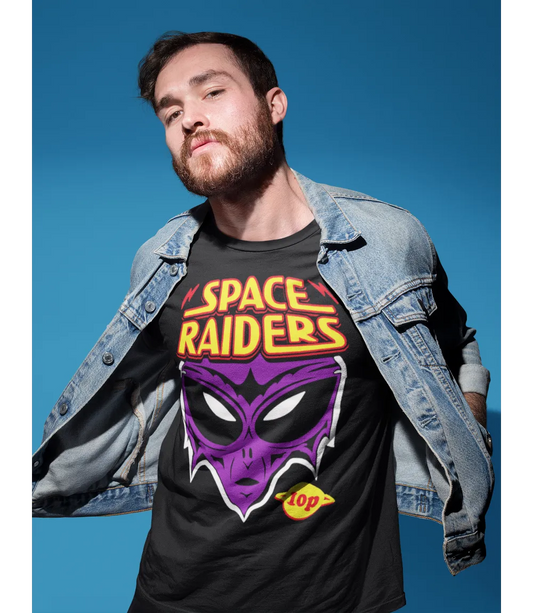 Man wearing Unisex short sleeve black t shirt featuring Space raiders yellow and red text with purple alien graphics