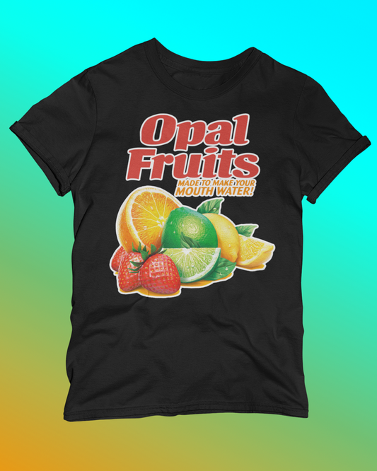 Black t-shirt with Opal Fruits graphic on a gradient background