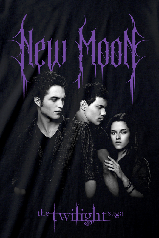 Black t-shirt with 'New Moon' design featuring characters from 'The Twilight Saga' on a white background.
