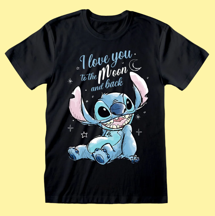 Black t-shirt with Disney cartoon character Stitch and text 'I love you to the moon and back' 