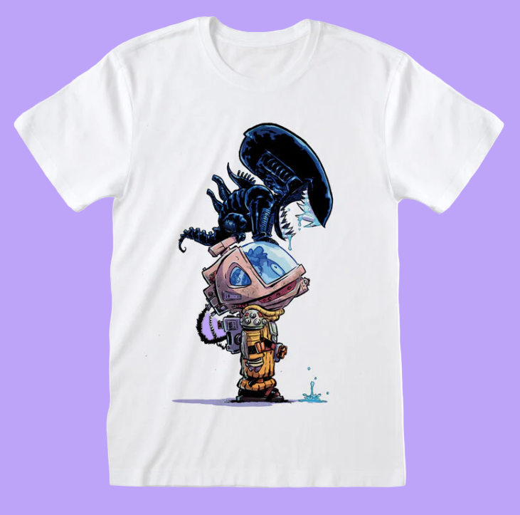 White t-shirt with a graphic design of an alien and a person in a spacesuit on a white background