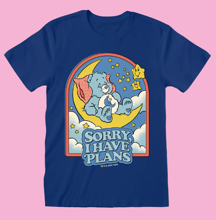 Steven Rhodes Care Bears Blue t-shirt with Bedtime bear on a moon, surrounded by stars and clouds, with 'Sorry I Have Plans' text.