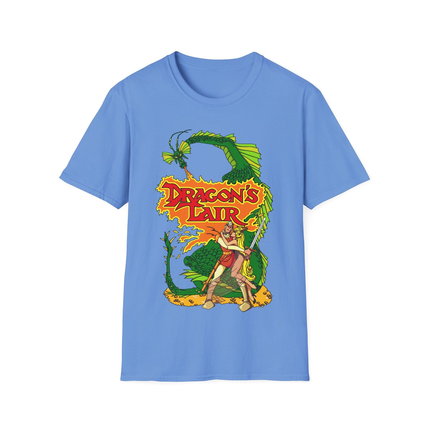 Blue t-shirt with 'Dragon's Lair' retro gaming graphic design featuring a dragon and a character.