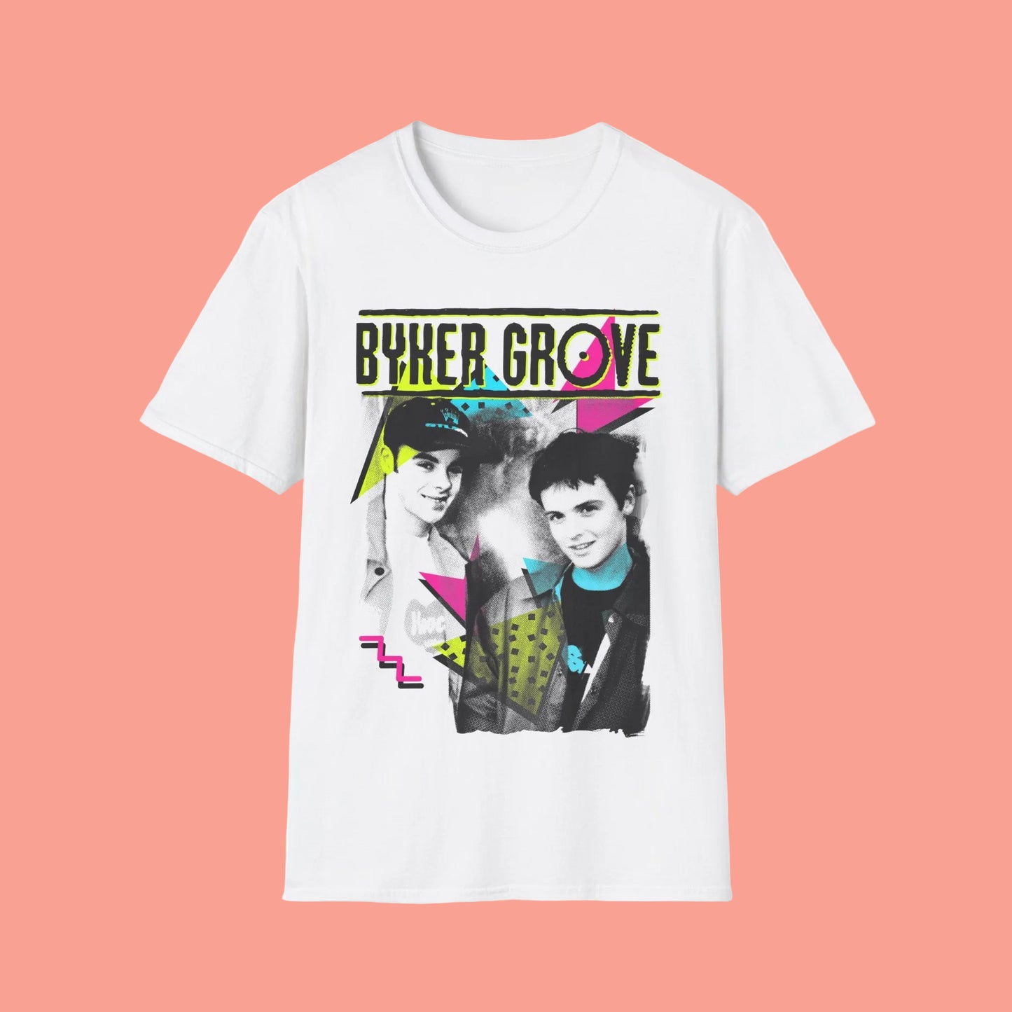 White short Sleeve t-shirt with 'Byker Grove' graphic design featuring PJ & Duncan  