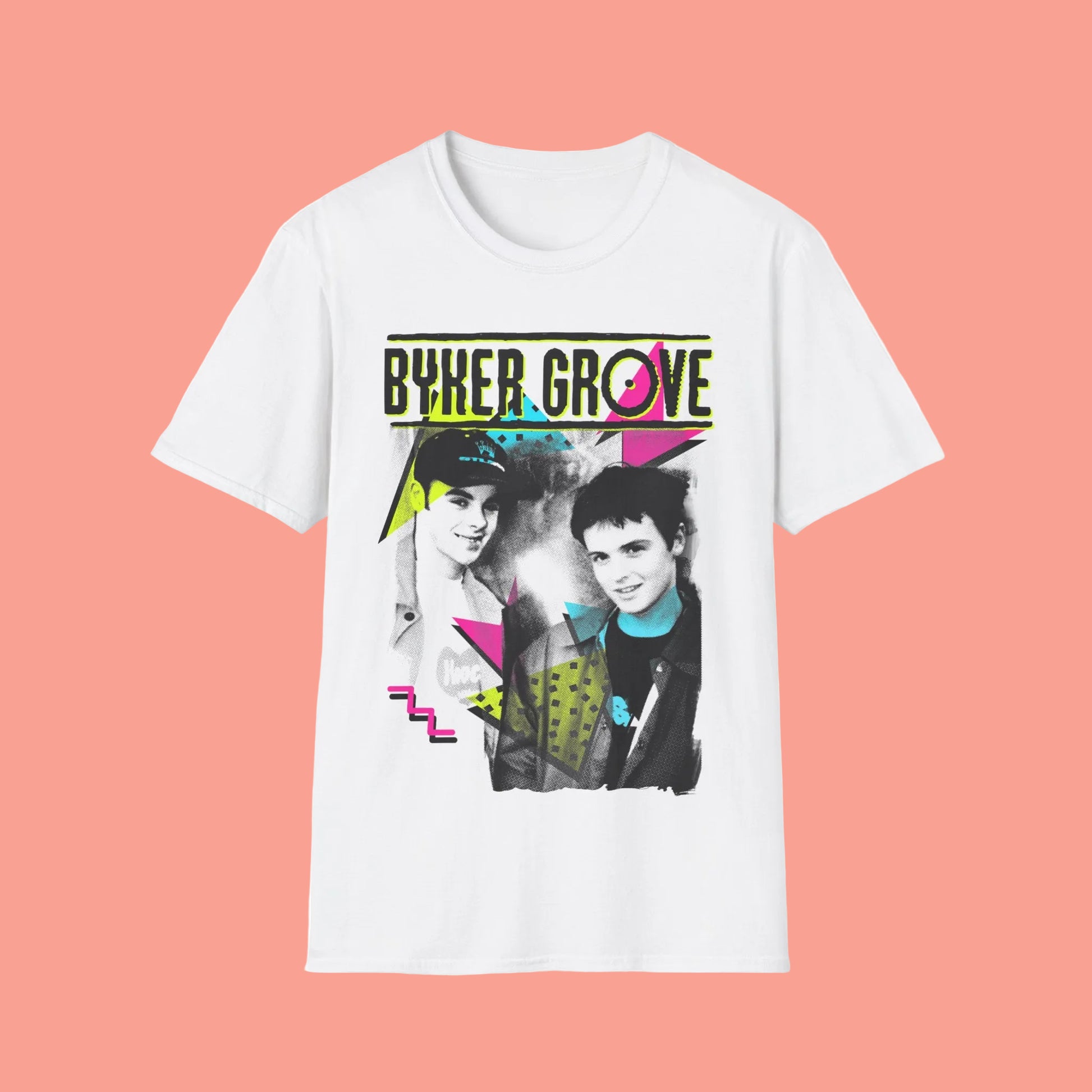 White short Sleeve t-shirt with 'Byker Grove' graphic design featuring PJ & Duncan  