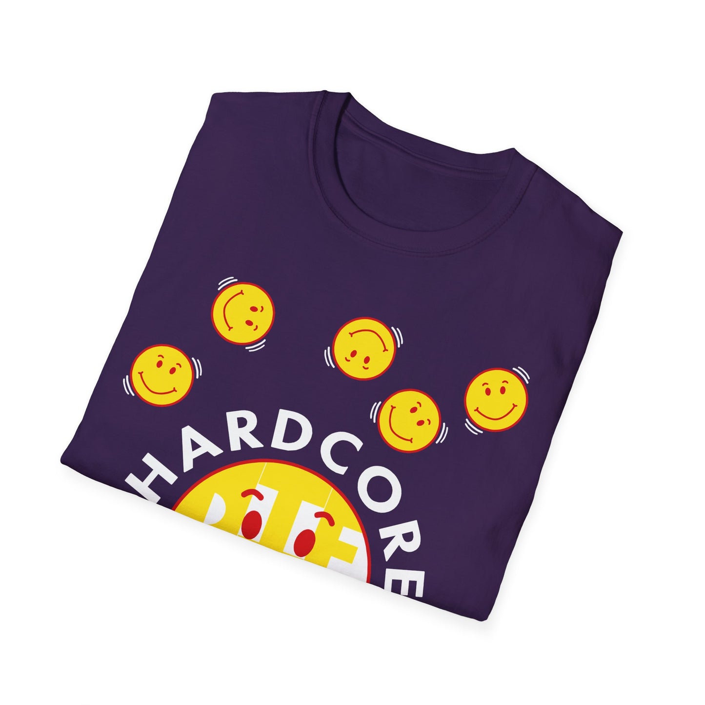 Folded purple t-shirt with a smiley face graphic and Hardcore Happiness text on a white background