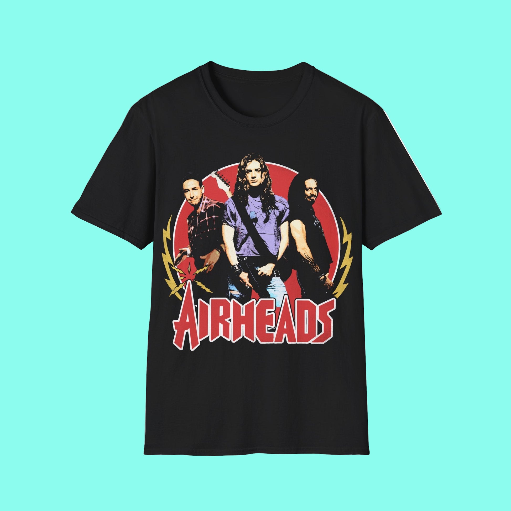 Black t-shirt with 'Airheads' graphic design featuring three people and a red circle on a white background.