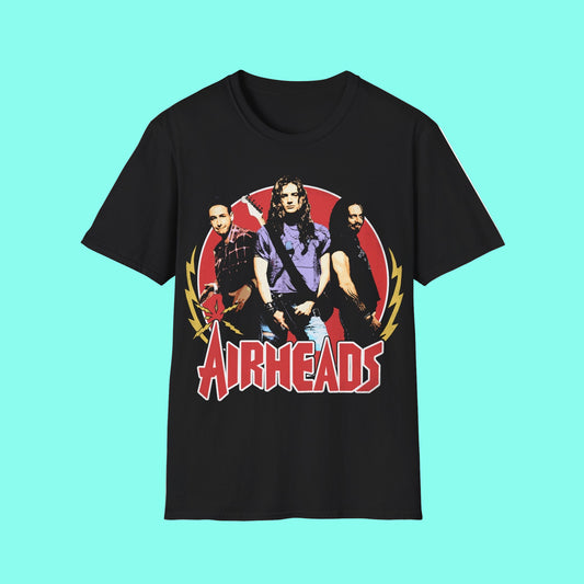 Black t-shirt with 'Airheads' graphic design featuring three people and a red circle on a white background.