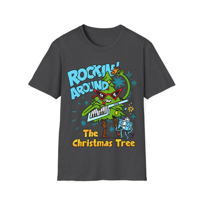 Retro Music Inspired heather t-shirt with a colourful graphic of a Christmas tree and text Rockin Around The Christmas Tree 