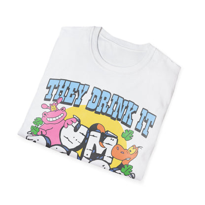 Folded white short sleeve official Um Bongo T-shirt colourful 80s tropical juice drink cartoon animals with They drink it in the congo text and Um bongo logo