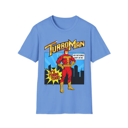 Blue short sleeve t-shirt with TurboMan graphic design Christmas Jingle All The Way movie inspired top