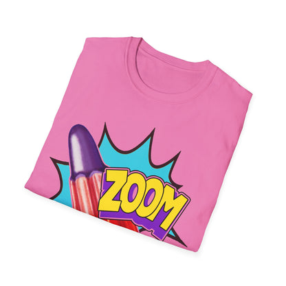 Pink t-shirt with a colorful 'Zoom' graphic on a white background