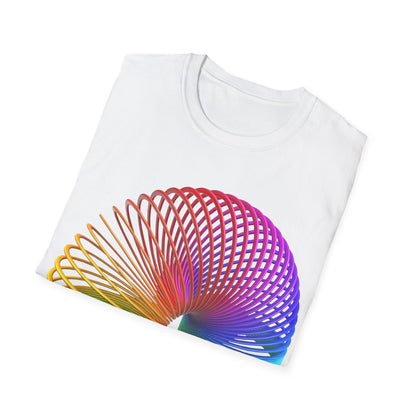 White t-shirt with a colorful slinky design on a white background