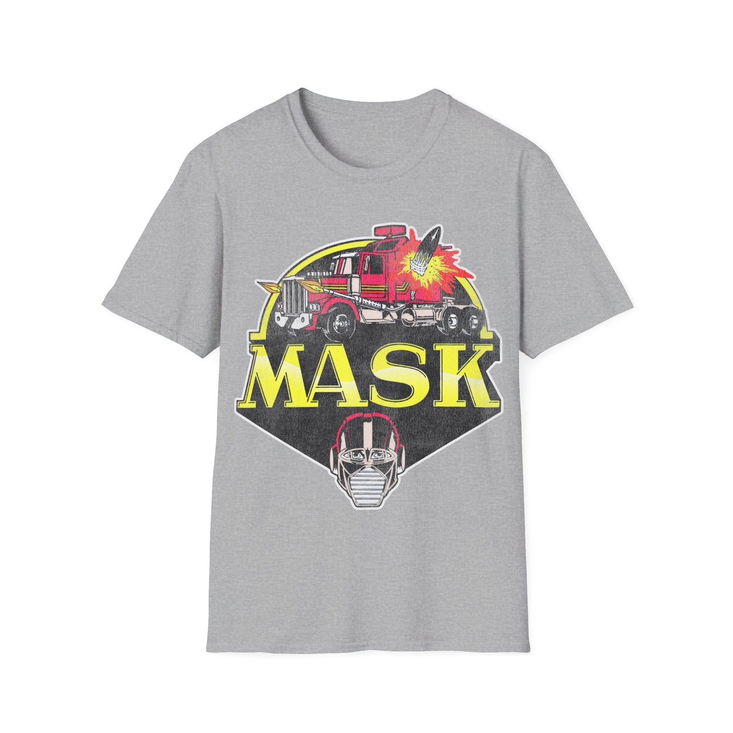 Gray t-shirt with a graphic design featuring a fire truck and helmet, labeled 'MASK'.