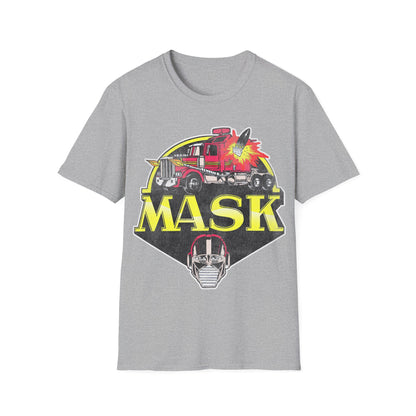 Gray t-shirt with a graphic design featuring a fire truck and helmet, labeled 'MASK'.