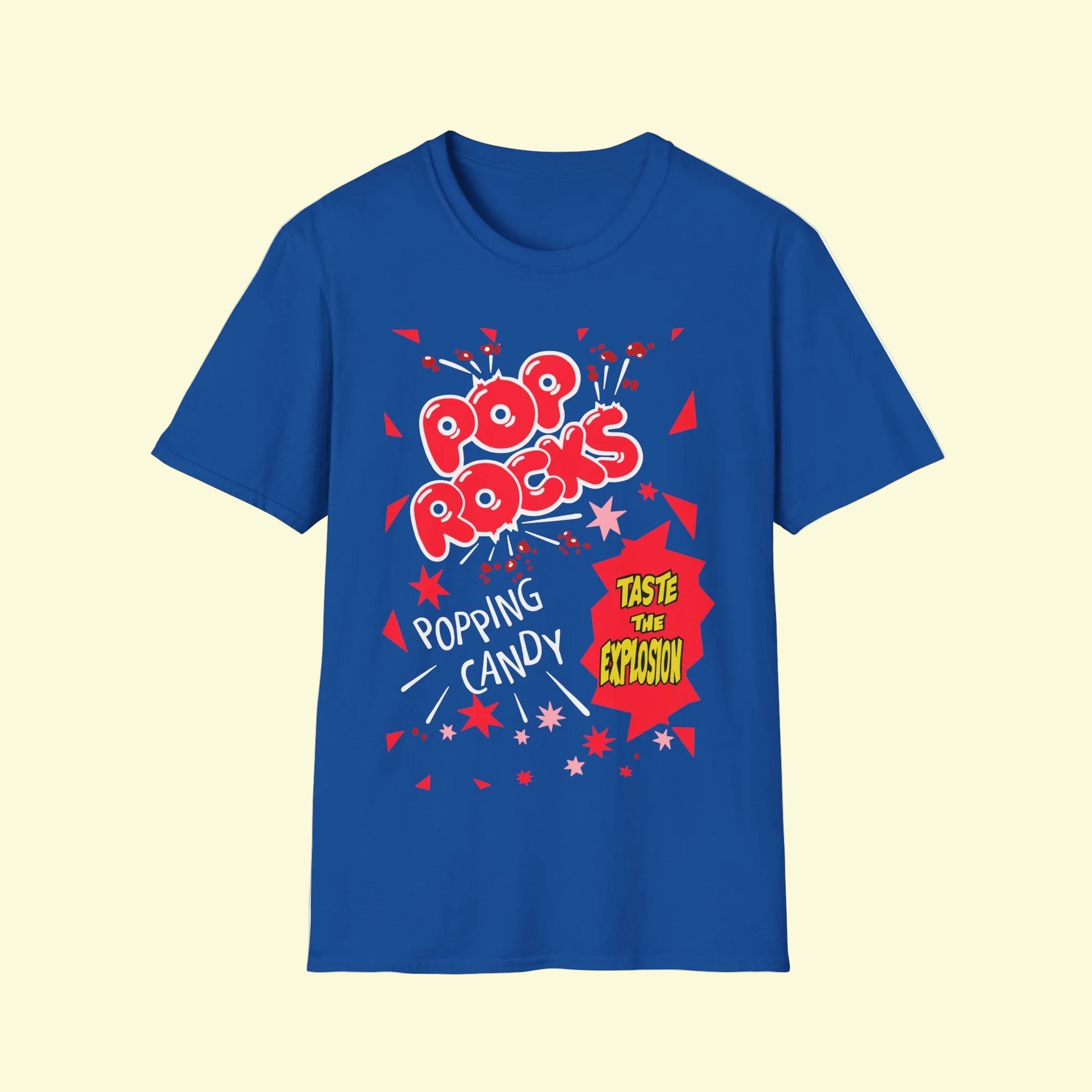 Royal blue short sleeve t-shirt featuring a retro 80s Pop Rocks Popping Candy design