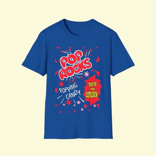 Royal blue short sleeve t-shirt featuring a retro 80s Pop Rocks Popping Candy design