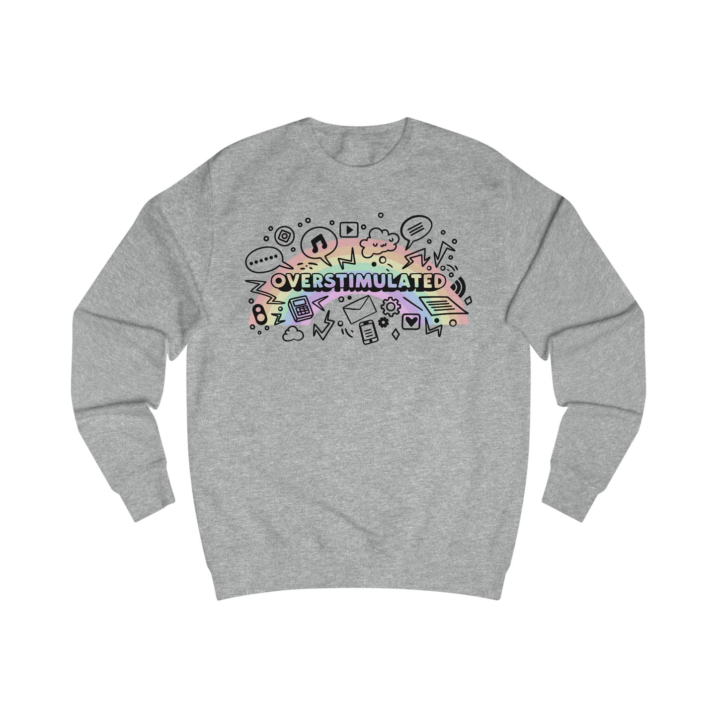 Gray sweatshirt with colorful 'OVERSTIMULATED' graphic design with rainbow background
