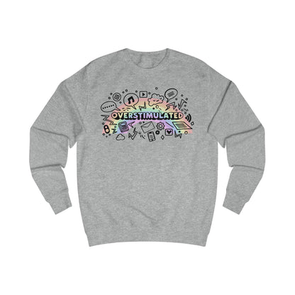 Gray sweatshirt with colorful 'OVERSTIMULATED' graphic design with rainbow background