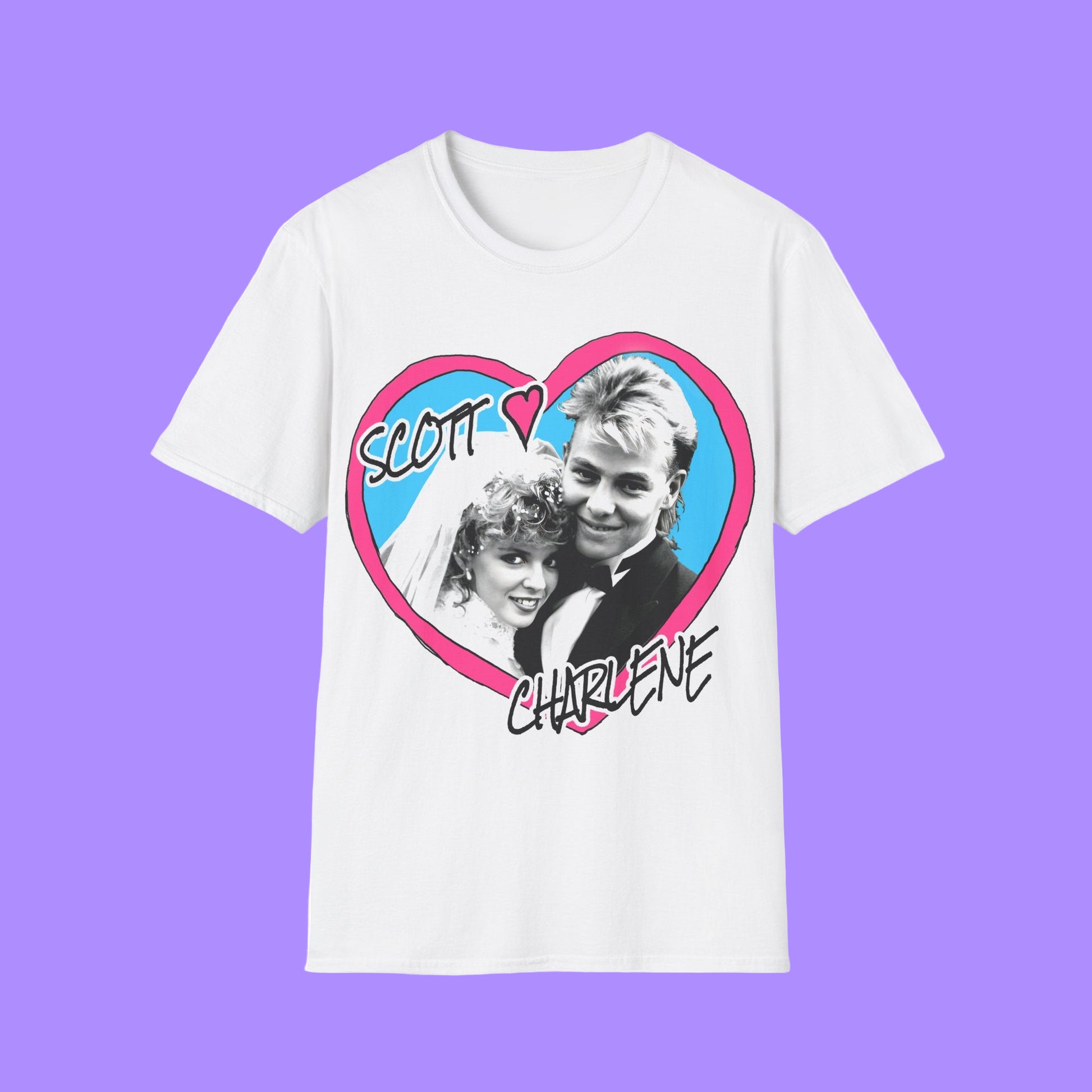 Retro TV Classic Neighbours Wedding heart design on White t-shirt with text 'Scott' and 'Charlene'  