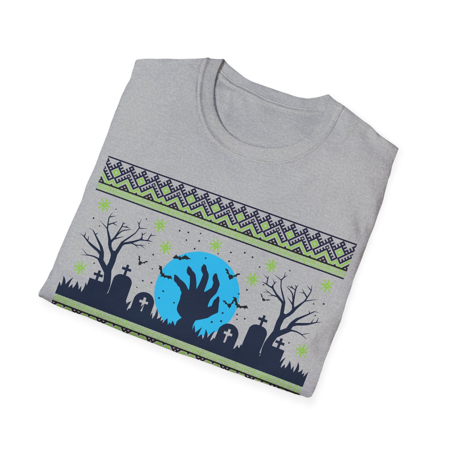 Gray t-shirt with Halloween-themed design featuring a blue ghost, graves, and trees on a white background.