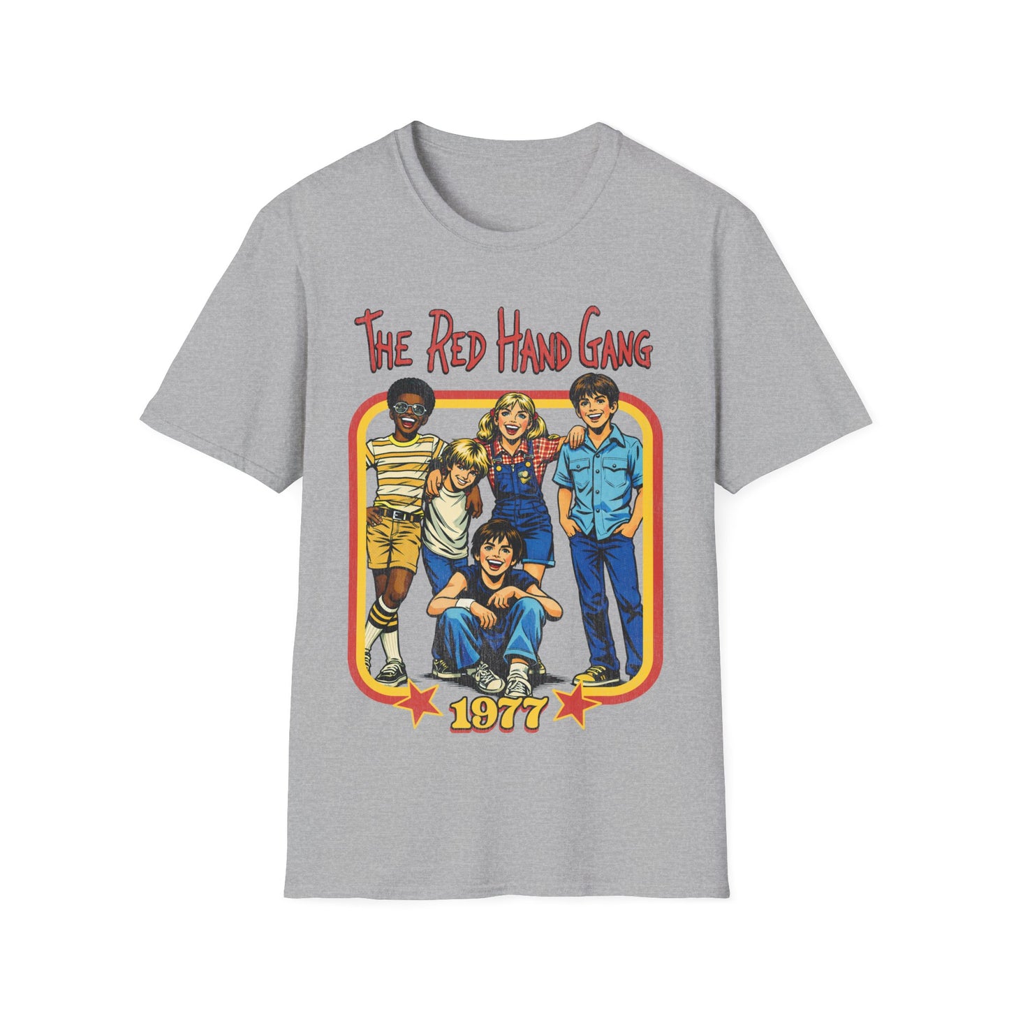 Gray t-shirt with 'The Red Hand Gang' graphic design on a white background