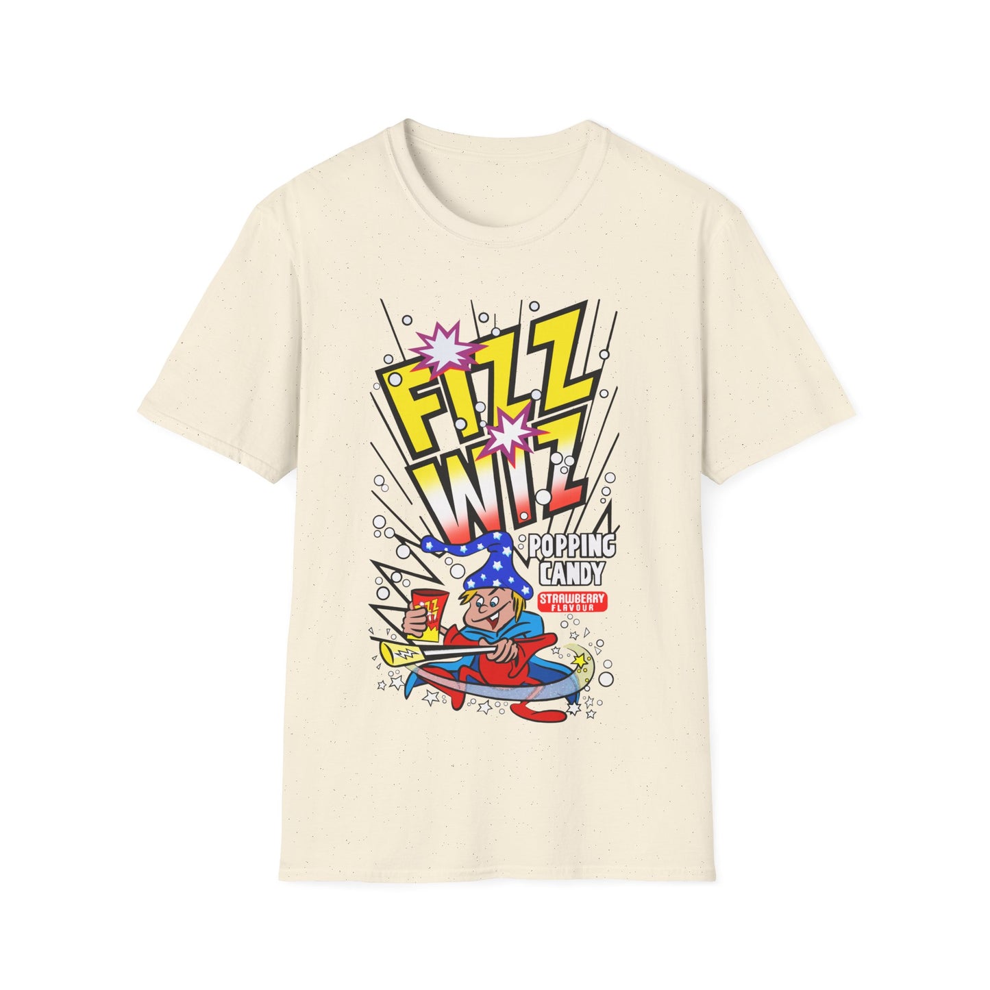 Beige t-shirt with colourful graphic design featuring a character and 'Fizz Wiz' text on a white background.