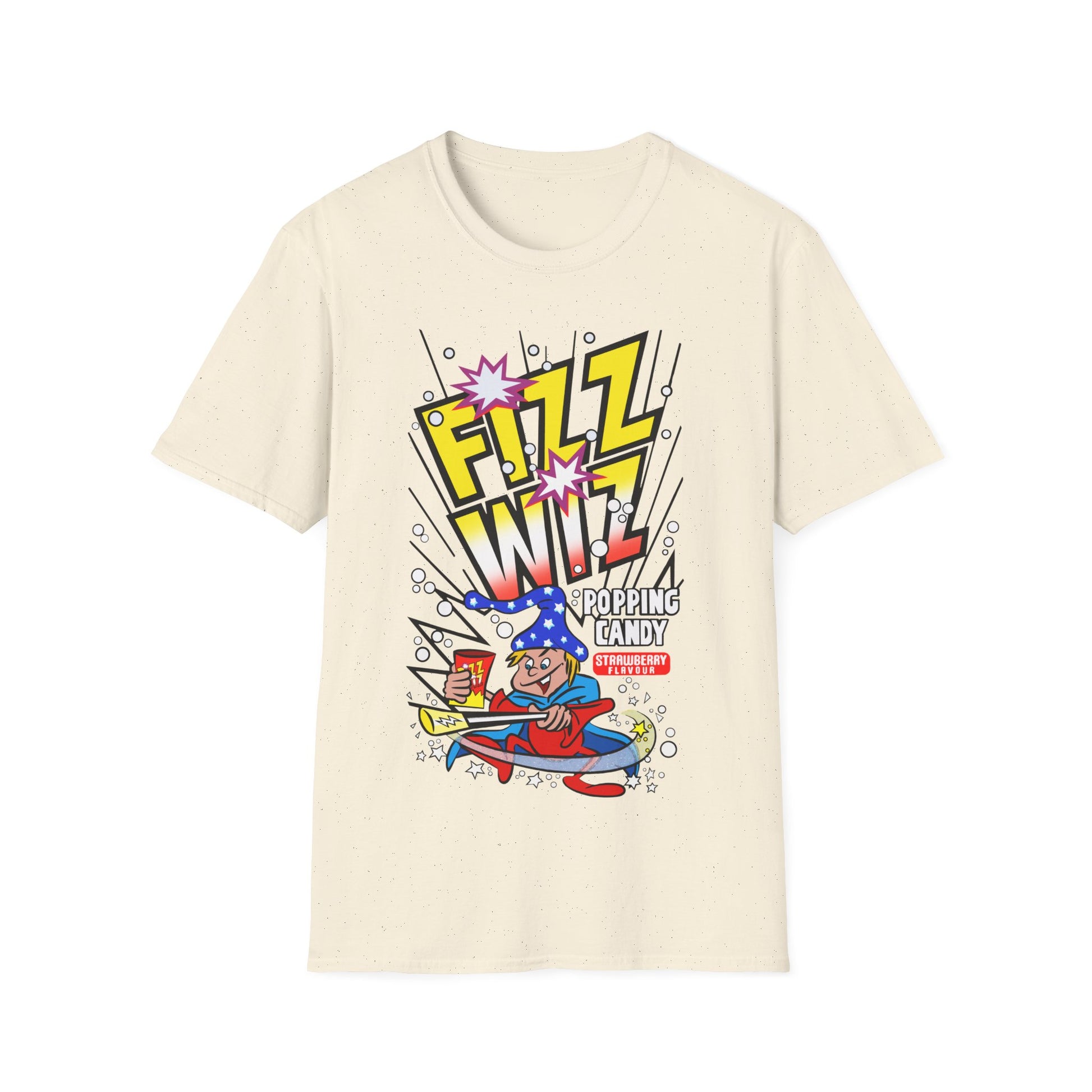 Beige t-shirt with colourful graphic design featuring a character and 'Fizz Wiz' text on a white background.