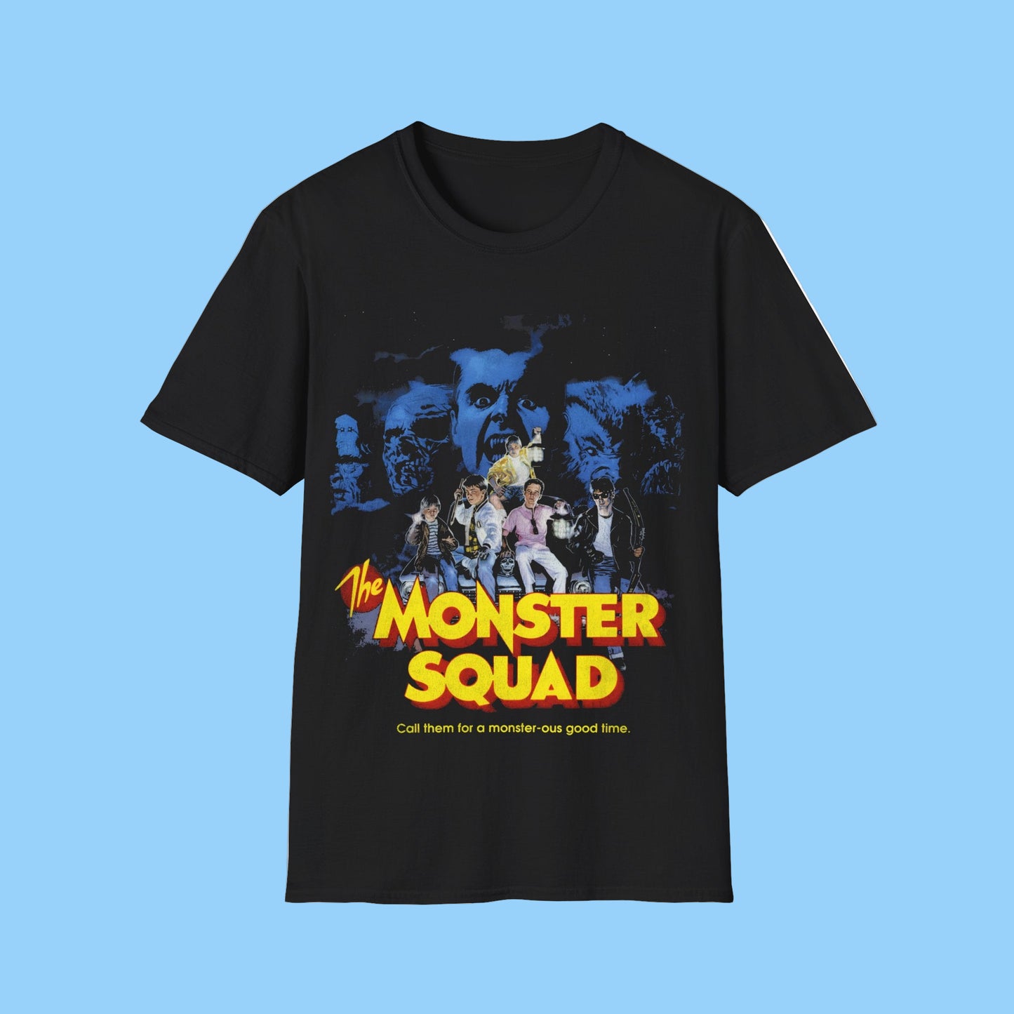 Black t-shirt with 'The Monster Squad' graphic design on a white background